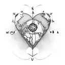 generate a tattoo on world map with heart on left side and compass in middle of world map  tattoo design idea