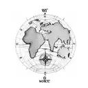 generate a tattoo on world map with heart on left side and compass in middle of world map  tattoo design idea