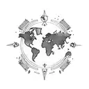 generate a tattoo on world map with heart on left side and compass in middle of world map  tattoo design idea