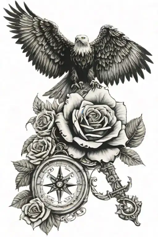 rose and rose made out of money and eagle and compass and quote that says" he who has no faith in himself" tattoo design idea