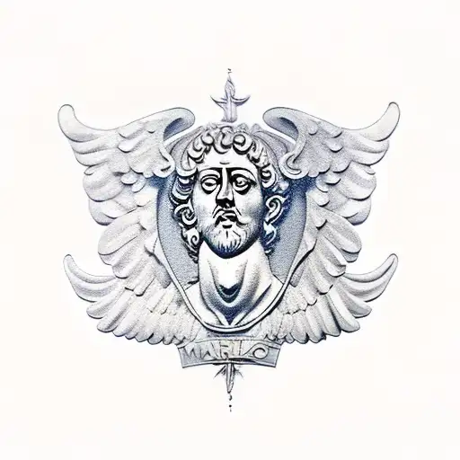 Marcus Aurelius with wings doing zyzz pose tattoo design idea