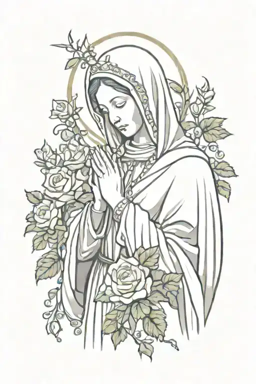 Virgin Mary praying with roses, thorns, rosary wrapped tattoo design idea