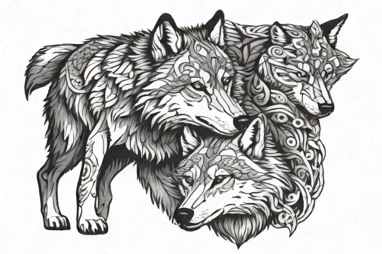 adult wolf and baby wolf together tattoo design idea