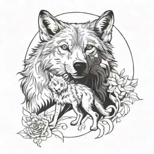 adult wolf and baby wolf together tattoo design idea