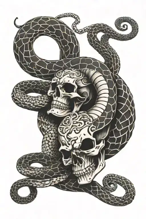 Snake and snake skeleton with intertwined tails tattoo design idea