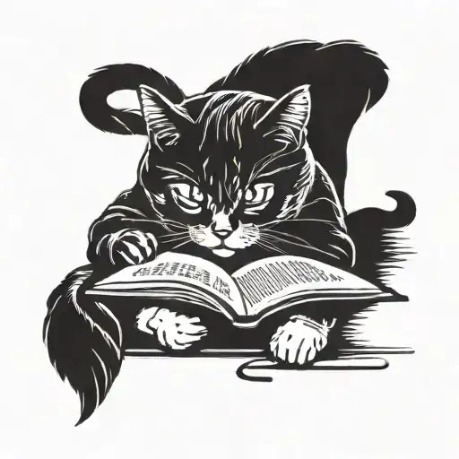 A cat reading a book with a paintbrush in its paw tattoo design idea