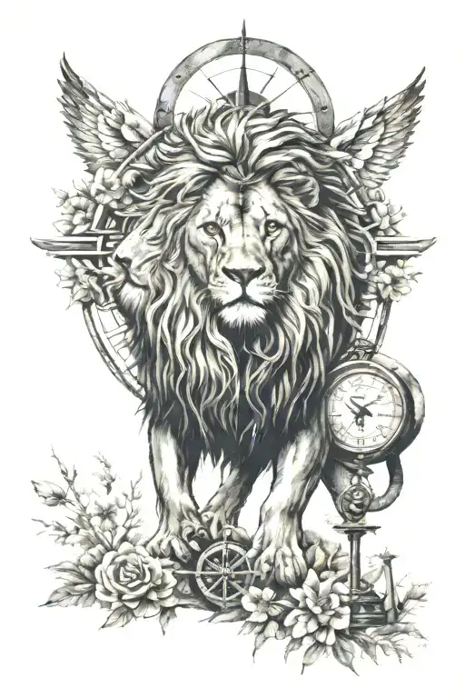 lion, compass, graveyard scene tattoo design idea