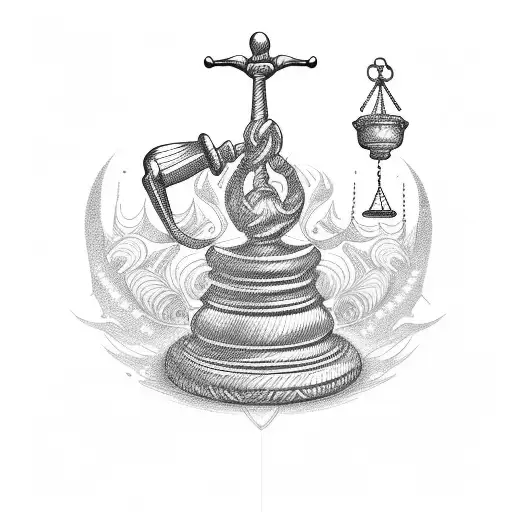 A lawyer's gavel incorporated into a dotwork design with animals surrounding it tattoo design idea
