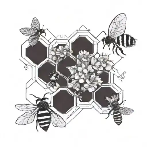 A geometric honeycomb pattern with delicate flowers and buzzing bees tattoo design idea