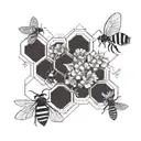 A geometric honeycomb pattern with delicate flowers and buzzing bees tattoo design idea