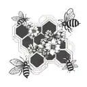 A geometric honeycomb pattern with delicate flowers and buzzing bees tattoo design idea
