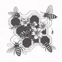 A geometric honeycomb pattern with delicate flowers and buzzing bees tattoo design idea