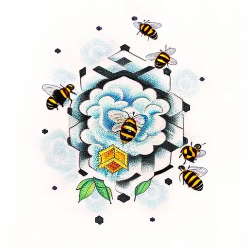 A traditional tattoo of a honeycomb with bees and flowers in intricate detail tattoo design idea
