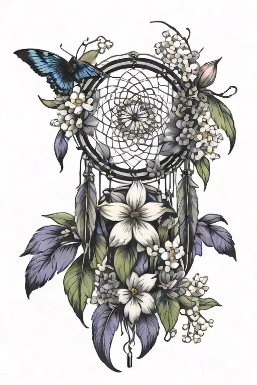 Violets, daisies and lilies of the valley with a dream catcher without anything else tattoo design idea