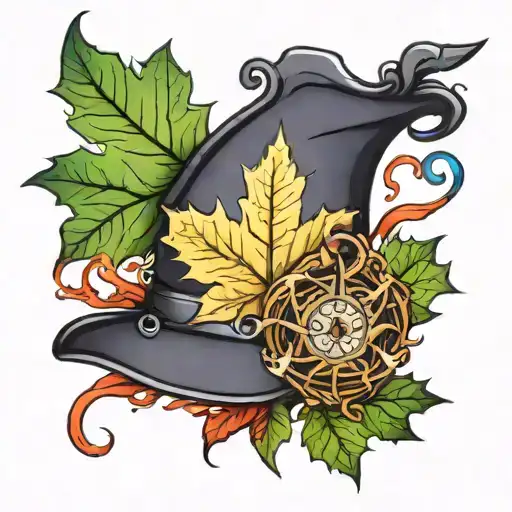 maple leaf and Disney sorcerers apprentice hat surrounded tattoo design idea