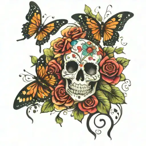 sugar skulls, roses, forest, butterflies flying tattoo design idea