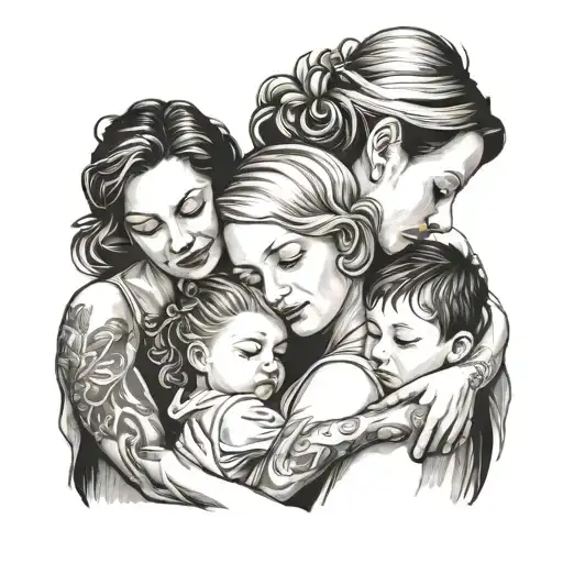 mother embracing daughter and 2 sons  tattoo design idea