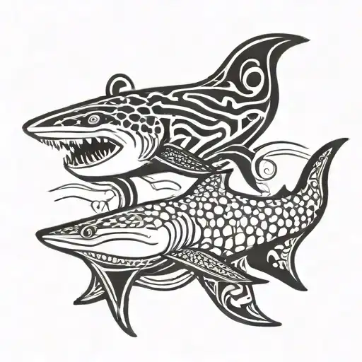 whale shark and hammerhead shark next to each other  tattoo design idea