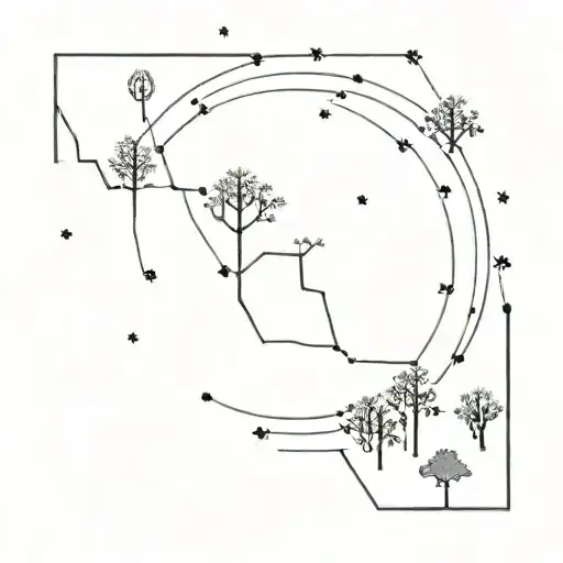 A minimalist tattoo design of a constellation of Aries formed by forest trees, symbolizing your connection to nature and your zodiac sign tattoo design idea