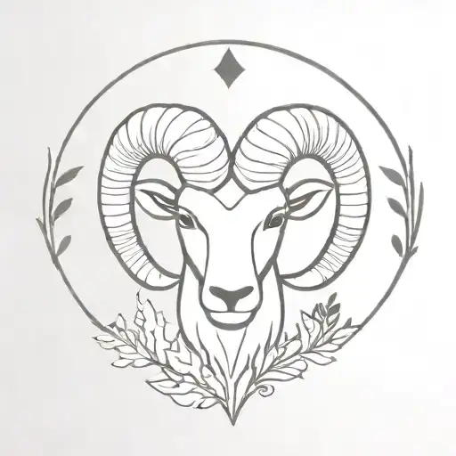 A minimalist tattoo design of a ram's head with forest elements intertwined, representing your love for nature and being an Aries sign tattoo design idea