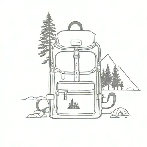 A minimalist tattoo design of a stylish camping backpack with forest scenery in the background, showcasing your passion for camping and fashion tattoo design idea
