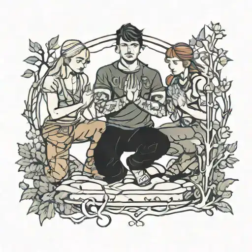 four people kneeling in forest tattoo design idea