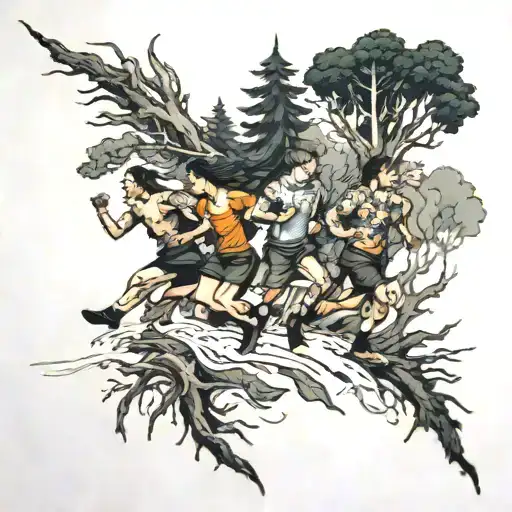 four people running from forest tattoo design idea