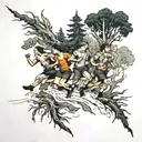 four people running from forest tattoo design idea