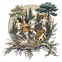 four people running from forest tattoo design idea