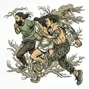 four people running from forest tattoo design idea
