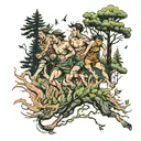 four people running from forest tattoo design idea