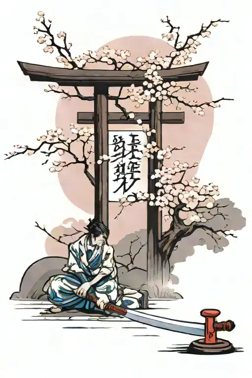 Under a Japanese cherry blossom tree, a sword is thrust into the ground. In the background, there is a Torii gate  tattoo design idea