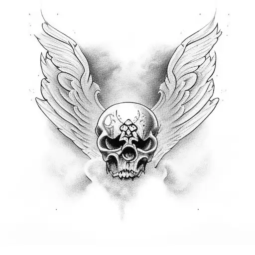 esqueleto con expresión triste con alas de angel las cuales las abran una joven tattoo design idea