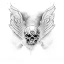 esqueleto con expresión triste con alas de angel las cuales las abran una joven tattoo design idea