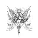 esqueleto con expresión triste con alas de angel las cuales las abran una joven tattoo design idea