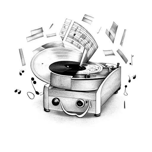 A broken record player with music notes swirling into a storm tattoo design idea