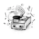 A broken record player with music notes swirling into a storm tattoo design idea