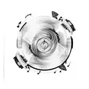 A broken record player with music notes swirling into a storm tattoo design idea