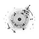A broken record player with music notes swirling into a storm tattoo design idea