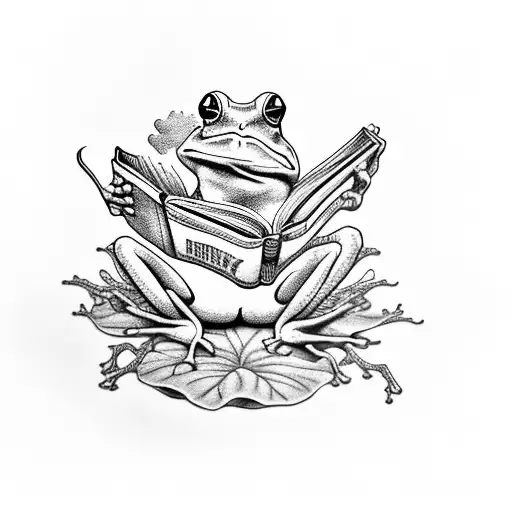 Frog in a country outfit, reading and smoking on a lilly pad, while a koi sims underneath him. tattoo design idea