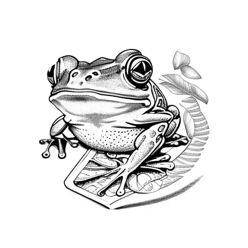 Frog in a country outfit, reading and smoking on a lilly pad, while a koi sims underneath him. tattoo design idea