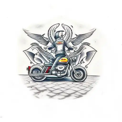 A traditional style tattoo showcasing a vintage motorcycle and a classic car parked together in front of a backdrop of street racing graffiti tattoo design idea