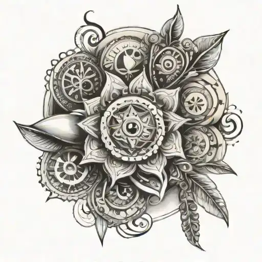 Design a tattoo combine with Sankh, Bansuri, Mor Pankh and Sudarshan Chakra tattoo design idea