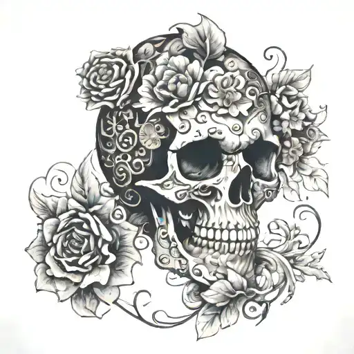 A skull surrounded by intricate floral patterns, symbolizing the balance between life and death, with military insignias subtly incorporated tattoo design idea