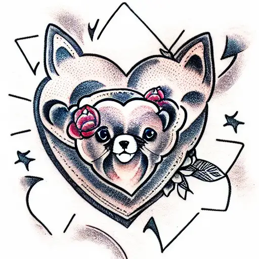 pomeranian inside a literal heart, soft but modern, express love tattoo design idea