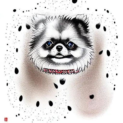 cute small pomeranian,mostly black, white paws, with some tan, named boss tattoo design idea
