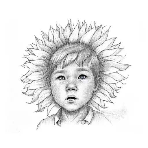 blonde boy lost in sunflower field looking at the sky with his full body and full sunflowers  tattoo design idea