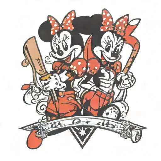 Minnie Mouse and Harley Quinn with baseball bat intertwined  tattoo design idea