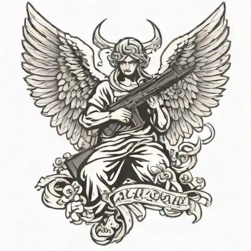 winged angel holding ak 47 gun tattoo design idea