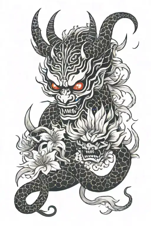 hannya white and black snake red spider lily oryu red card and a oni tattoo design idea